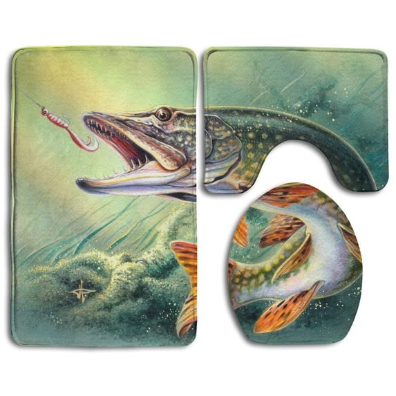 GOHAO Fishing 3 Piece Bathroom Rugs Set Bath Rug Contour Mat and Toilet Lid Cover