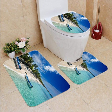 GOHAO Fishing Boats in Catalina Island Beach 3 Piece Bathroom Rugs Set Bath Rug Contour Mat and Toilet Lid Cover