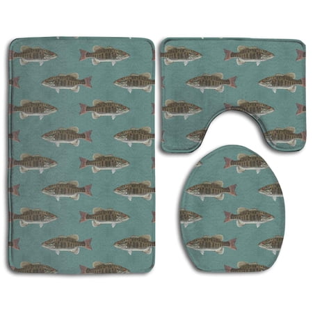 GOHAO Fishing Fish Bass Smallmouth Lake Blue Great Lakes 3 Piece Bathroom Rugs Set Bath Rug Contour Mat and Toilet Lid Cover