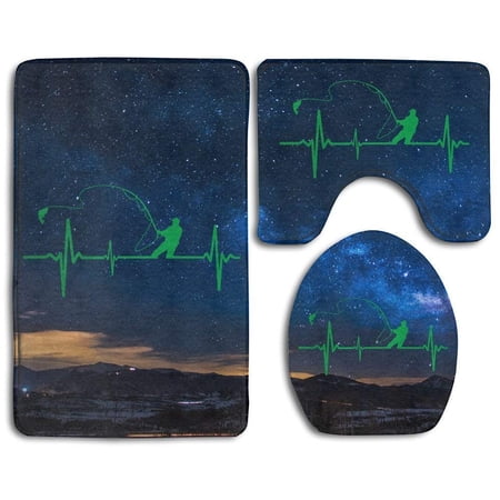 GOHAO Fishing Heartbeat 3 Piece Bathroom Rugs Set Bath Rug Contour Mat and Toilet Lid Cover