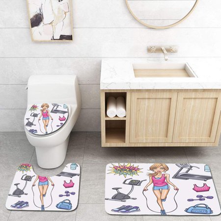 GOHAO Fitness Beautiful Young Cartoon Girl Working Out at Gym Bike Treadmill Outfits and Quote 3 Piece Bathroom Rugs Set Bath Rug Contour Mat and Toilet Lid Cover