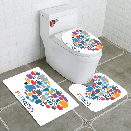 GOHAO Fitness Sports and Healthcare Icons Forming a Heart Shape Clean Eating Athletic 3 Piece Bathroom Rugs Set Bath Rug Contour Mat and Toilet Lid Cover