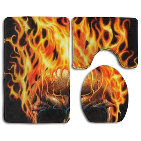 GOHAO Flaming Fire Skull 3 Piece Bathroom Rugs Set Bath Rug Contour Mat and Toilet Lid Cover