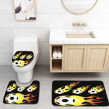 GOHAO Flaming Soccer Ball 3 Piece Bathroom Rugs Set Bath Rug Contour Mat and Toilet Lid Cover
