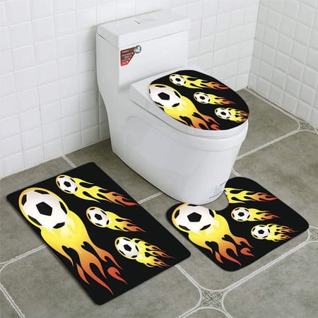 GOHAO Flaming Soccer Ball 3 Piece Bathroom Rugs Set Bath Rug Contour Mat and Toilet Lid Cover