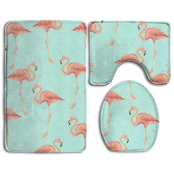GOHAO Flamingo 3 Piece Bathroom Rugs Set Bath Rug Contour Mat and Toilet Lid Cover