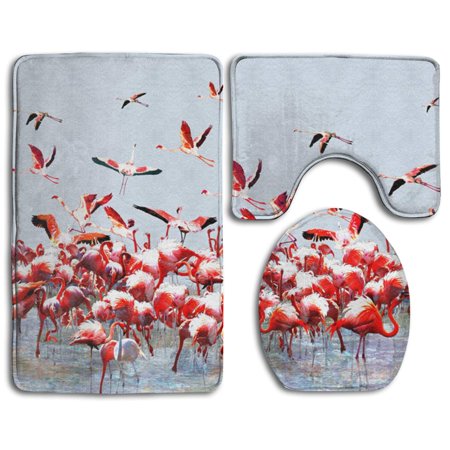 GOHAO Flamingo 3 Piece Bathroom Rugs Set Bath Rug Contour Mat and Toilet Lid Cover