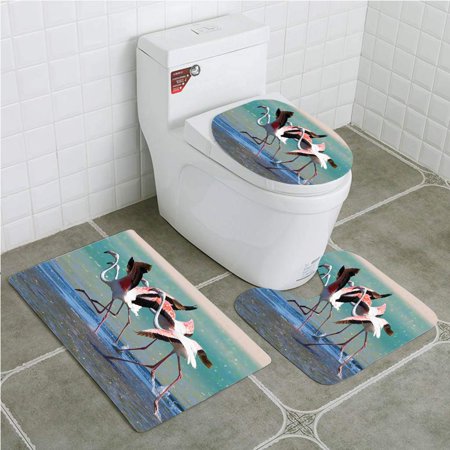 GOHAO Flamingo Flock Flamingos Taking off From Lagoon to Fly Away Water Natural Life 3 Piece Bathroom Rugs Set Bath Rug Contour Mat and Toilet Lid Cover