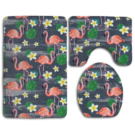 GOHAO Flamingo Flower Parttern 3 Piece Bathroom Rugs Set Bath Rug Contour Mat and Toilet Lid Cover