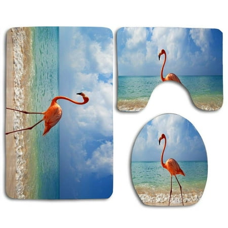 GOHAO Flamingo Walking on Beach 3 Piece Bathroom Rugs Set Bath Rug Contour Mat and Toilet Lid Cover