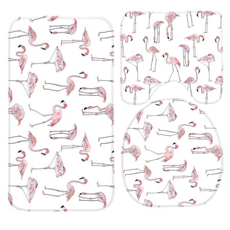 GOHAO Flamingo Watercolor 3 Piece Bathroom Rugs Set Bath Rug Contour Mat and Toilet Lid Cover