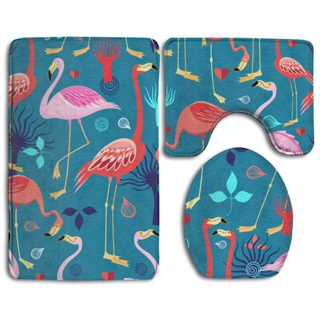 GOHAO Flamingos Love 3 Piece Bathroom Rugs Set Bath Rug Contour Mat and Toilet Lid Cover