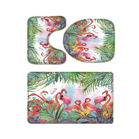GOHAO Flamingos Tropical Leaves 3 Piece Bathroom Rugs Set Bath Rug Contour Mat and Toilet Lid Cover