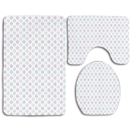 GOHAO Fleur De Lis Old Fashioned Lily Flowers Grunge Look Pastel Colors Mint Lilac 3 Piece Bathroom Rugs Set Bath Rug Contour Mat and Toilet Lid Cover