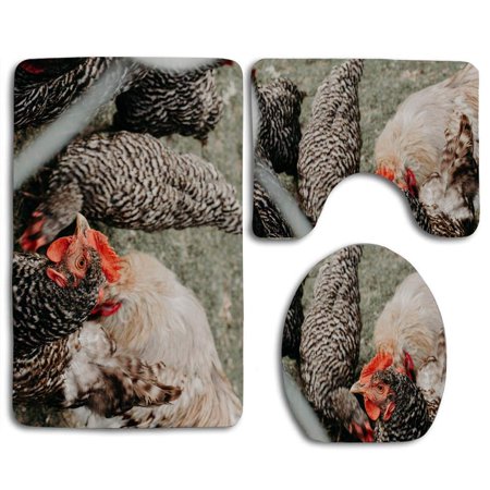 GOHAO Flock Chickens 3 Piece Bathroom Rugs Set Bath Rug Contour Mat and Toilet Lid Cover