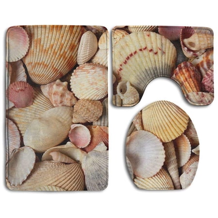 GOHAO Floor Back Seashells 3 Piece Bathroom Rugs Set Bath Rug Contour Mat and Toilet Lid Cover