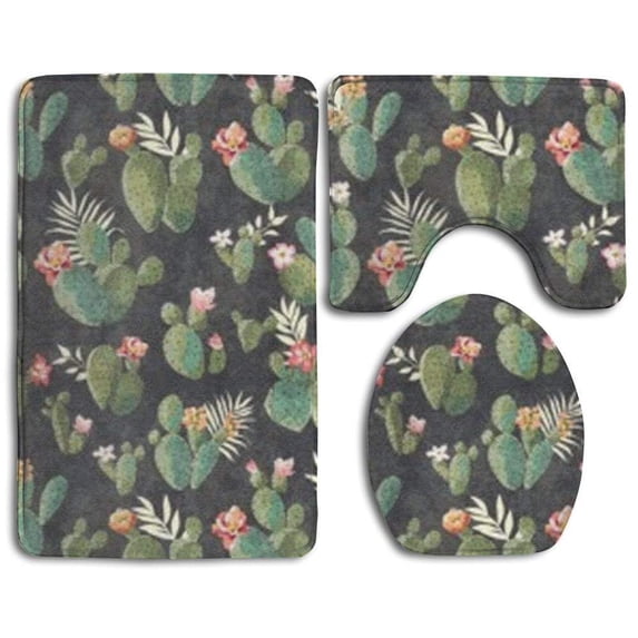 GOHAO Floral Cactus 3 Piece Bathroom Rugs Set Bath Rug Contour Mat and Toilet Lid Cover