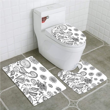 GOHAO Floral Doodle Style Circular Swirled Flower Petals Butterfly Leaves Curved Branches 3 Piece Bathroom Rugs Set Bath Rug Contour Mat and Toilet Lid Cover