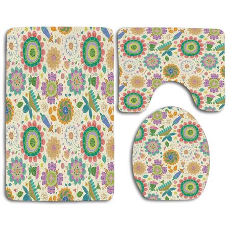 GOHAO Floral Doodle Style Spring Foliage Leaves Theme Cute Childish Caricature Lines 3 Piece Bathroom Rugs Set Bath Rug Contour Mat and Toilet Lid Cover