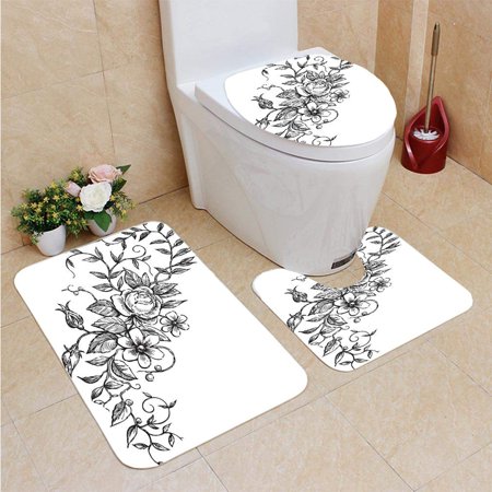 GOHAO Floral Element 3 Piece Bathroom Rugs Set Bath Rug Contour Mat and Toilet Lid Cover