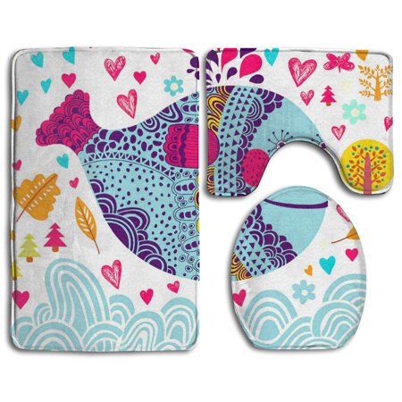GOHAO Floral Fish 3 Piece Bathroom Rugs Set Bath Rug Contour Mat and Toilet Lid Cover