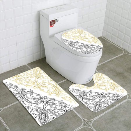 GOHAO Floral Floral Arrangement Two Palette Flowers Curls Swirls Leaves 3 Piece Bathroom Rugs Set Bath Rug Contour Mat and Toilet Lid Cover