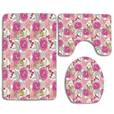 GOHAO Floral Garden Flower Botany Peony Rose Grass Harvest 3 Piece Bathroom Rugs Set Bath Rug Contour Mat and Toilet Lid Cover