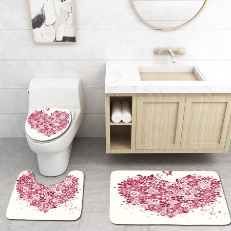 GOHAO Floral Love Shape 3 Piece Bathroom Rugs Set Bath Rug Contour Mat and Toilet Lid Cover