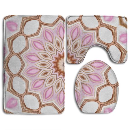 GOHAO Floral Ornament Kaleidoscope Style Fabric Cloth 3 Piece Bathroom Rugs Set Bath Rug Contour Mat and Toilet Lid Cover