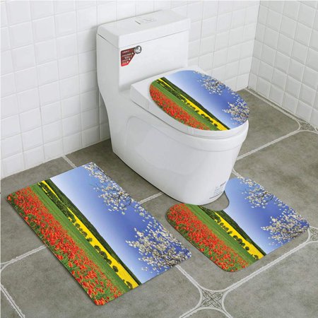 GOHAO Floral Poppy Field a Spring Landscape and Blossom Tree View in Meadow Nature 3 Piece Bathroom Rugs Set Bath Rug Contour Mat and Toilet Lid Cover