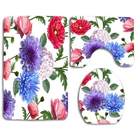 GOHAO Floral Seamless Beautiful 3 Piece Bathroom Rugs Set Bath Rug Contour Mat and Toilet Lid Cover