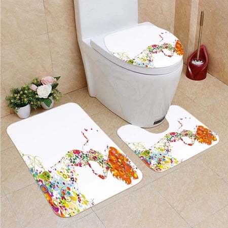 GOHAO Floral Summer Lady Silhouette in Blooms Swirls Inspirational Vivid Tones Feminine 3 Piece Bathroom Rugs Set Bath Rug Contour Mat and Toilet Lid Cover