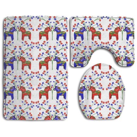 GOHAO Floral Swedish Dala Horses 3 Piece Bathroom Rugs Set Bath Rug Contour Mat and Toilet Lid Cover