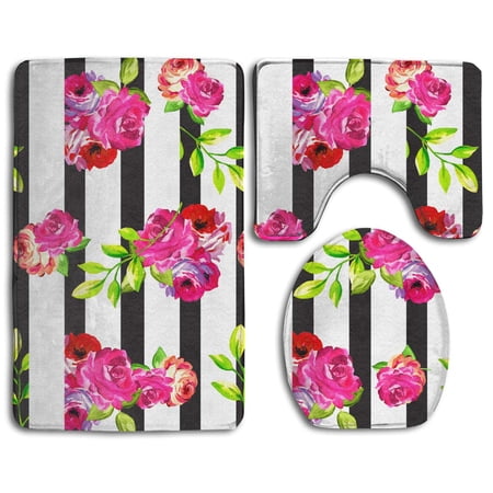 GOHAO Floral Vertical Stripe 3 Piece Bathroom Rugs Set Bath Rug Contour Mat and Toilet Lid Cover
