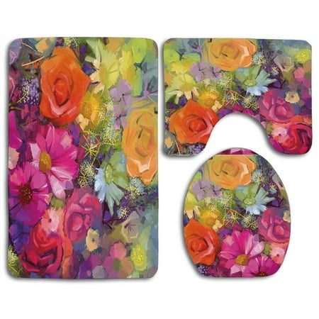 GOHAO Floral Vibrant Flower Bouquet Daisy Peony Gerbera Petals Romantic Arrangement 3 Piece Bathroom Rugs Set Bath Rug Contour Mat and Toilet Lid Cover