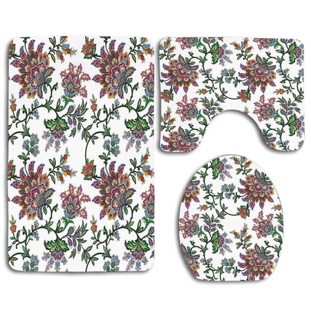 GOHAO Floral Vintage Style Ornamental Flower Motifs Flourishing Romantic Spring Leaves 3 Piece Bathroom Rugs Set Bath Rug Contour Mat and Toilet Lid Cover