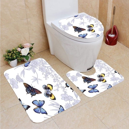 GOHAO Floral s Butterflies 3 Piece Bathroom Rugs Set Bath Rug Contour Mat and Toilet Lid Cover
