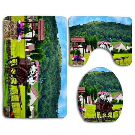 GOHAO Flower Basket Cart 3 Piece Bathroom Rugs Set Bath Rug Contour Mat and Toilet Lid Cover