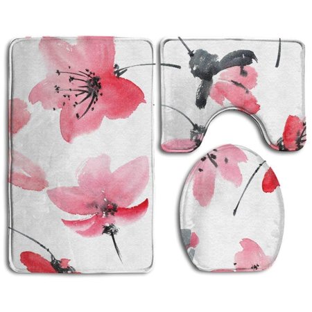 GOHAO Flower Blossom 3 Piece Bathroom Rugs Set Bath Rug Contour Mat and Toilet Lid Cover