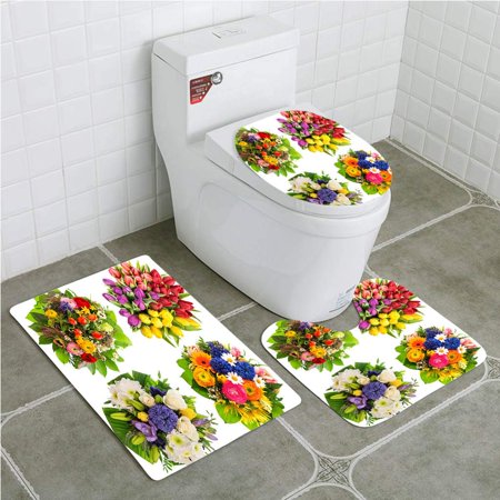 GOHAO Flower Bouquets Birthday Wedding Mothers Day Easter 3 Piece Bathroom Rugs Set Bath Rug Contour Mat and Toilet Lid Cover