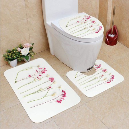 GOHAO Flower Composition flatlay 3 Piece Bathroom Rugs Set Bath Rug Contour Mat and Toilet Lid Cover