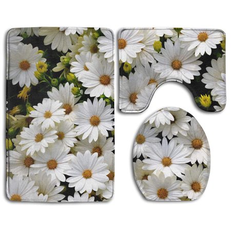 GOHAO Flower Daisy 3 Piece Bathroom Rugs Set Bath Rug Contour Mat and Toilet Lid Cover