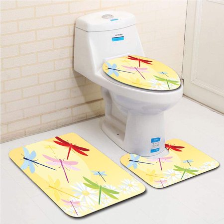 GOHAO Flower Field in Spring Season Chamomiles Sun Figure on Back Graphic 3 Piece Bathroom Rugs Set Bath Rug Contour Mat and Toilet Lid Cover