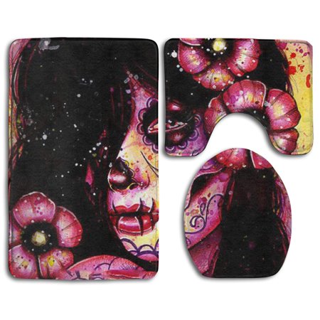 GOHAO Flower Girl Skull 3 Piece Bathroom Rugs Set Bath Rug Contour Mat and Toilet Lid Cover