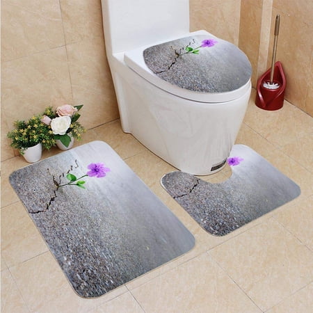 GOHAO Flower Growing Crack Street Soft Focus Blank Text 3 Piece Bathroom Rugs Set Bath Rug Contour Mat and Toilet Lid Cover