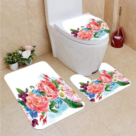 GOHAO Flower Leaves Branch Roses Daisies Lilacs Plants Nature Theme 3 Piece Bathroom Rugs Set Bath Rug Contour Mat and Toilet Lid Cover