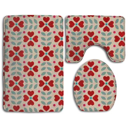 GOHAO Flower Red 3 Piece Bathroom Rugs Set Bath Rug Contour Mat and Toilet Lid Cover