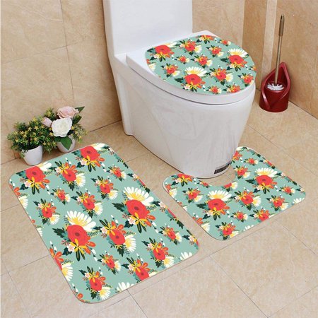 GOHAO Flower Seamless Vintage Style 3 Piece Bathroom Rugs Set Bath Rug Contour Mat and Toilet Lid Cover