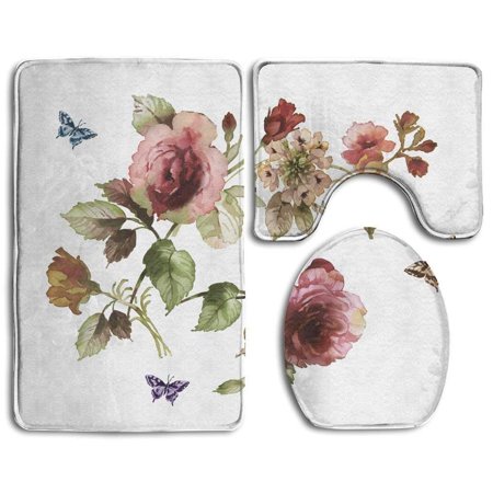 GOHAO Flower Shabby Chic Roses Buds Leaves Tulips Floral 3 Piece Bathroom Rugs Set Bath Rug Contour Mat and Toilet Lid Cover