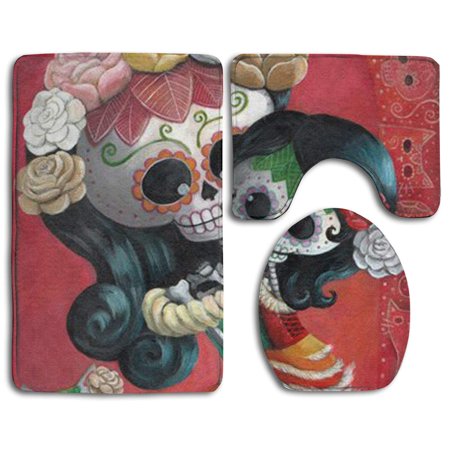 GOHAO Flower Skull 3 Piece Bathroom Rugs Set Bath Rug Contour Mat and Toilet Lid Cover